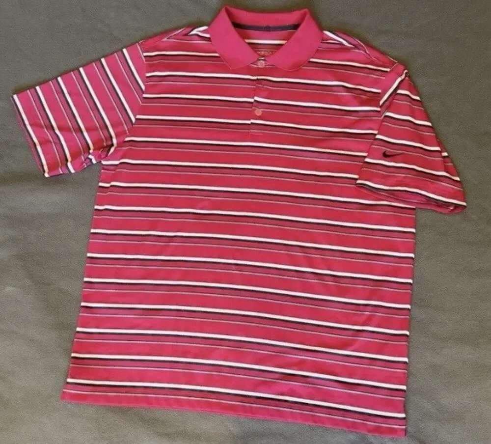 Nike Mens Large Golf Polo Dri-Fit Pink Striped Lightweight Performance Stretch